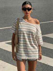 SHEIN EZwear Áo thun tay ngắn dáng rộng, trễ vai, in họa tiết sọc nhiều màu trắng tối giản, phong cách thường ngày - Áo thun sọc kiểu Mỹ cổ điển, phong cách dễ thương retro vintage Y2K Soft Girl & Clean Girl, trang phục đa năng cho nữ giới tham dự các lễ hội mùa hè kiểu miền Tây, mặc nhà, đi học, thể thao, thời trang Gen Z, đạp xe và tập yoga mùa hè, hàng mới về. - Nhiều màu - Xem 5