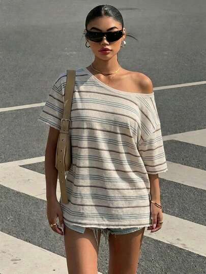 SHEIN EZwear 女款夏季休閒日常多色條紋不對稱肩短袖T恤，復古寬鬆版型，Y2K軟妹風