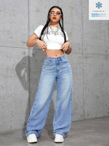 SHEIN ICON 休闲水洗直筒牛仔裤 - 淺色水洗藍 - 查看 3