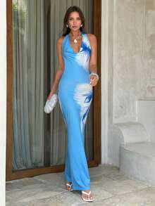 Firerie Elegantes romantisches Maxikleid für Damen, blaues Blumenprint-Kleid mit Neckholder, drapiertem Rückenausschnitt und Passform, geeignet für Hochzeitsgäste, Strandurlaub, Sommer - Verschiedenfarbig - Übersicht 7