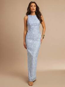 Silquee Light Blue Textured Jacquard Sleeveless Party Dress For Summer,Elegant Square Neck Backless Wedding Guest Attire For Weddings&Graduation Events - Blue - View 4