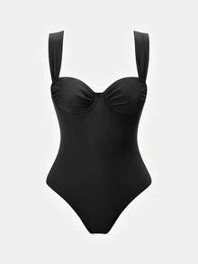 Swim Oasis Women's Summer Beach Vacation Ruched Bust One-Piece Swimsuit And Polka Dot Cover-Up Skirt Set - Black and White - View 7