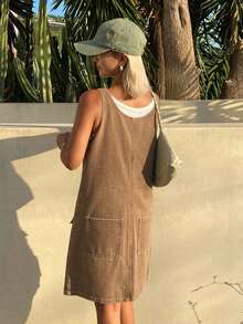 DAZY Đầm ngắn cổ chữ V có dây đeo dành cho nữ, đầm denim phong cách đường phố thường ngày. - màu nâu - Xem 5