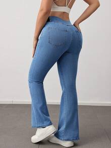 SHEIN PETITE Quần ống loe cạp cao co giãn dành cho nữ, trang phục thường ngày thanh lịch mùa hè cho nữ, quần jean xanh ôm sát ống loe thoải mái, chất liệu denim co giãn cao, trang phục công sở mùa hè, phong cách quyến rũ. - Màu xanh lam - Xem 2