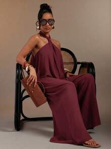Hauture Women's Sexy Solid Color Backless Halter Neck Loose Jumpsuit - Burgundy - View 3