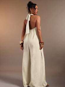 Hauture Women's Sexy Solid Color Backless Halter Neck Loose Jumpsuit - Apricot - View 2