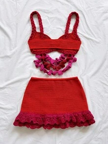 Soleia Bộ đồ 2 mảnh gợi cảm, lãng mạn, kiểu ombre gồm áo crop top và chân váy mini xếp tầng, thích hợp cho tiệc tùng, hẹn hò, hộp đêm, phong cách boho, nghỉ mát, trang phục nữ mùa thu, vintage. - Nhiều màu - Xem 2
