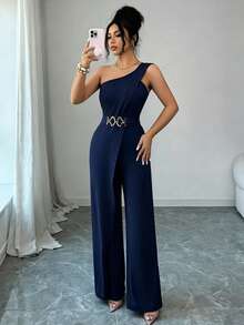 Elenzga Jumpsuit Wanita Warna Polos untuk Pakaian Kasual Sehari-hari - Navy Blue - View 7