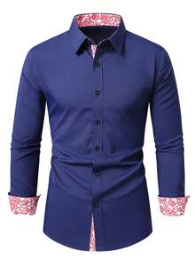 Manfinity Mode Men's Color Block Single-Breasted Casual Versatile Daily Wear Formal Shirt, Ceremony - Navy Blue - View 3