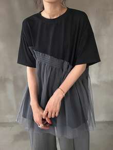 FRIFUL Women's Mesh Patchwork Minimalist Daily Wear Round Neck Short Sleeve T-Shirt Summer - Black - View 3