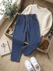 SHEIN Cô gái trẻ giản dị Boho Daily Dark Wash Bìa mềm có túi phẳng eo Quần jean mẹ - Rửa tối - Xem 1