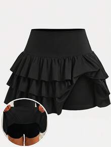SHEIN Girlism 青少年女孩休閒運動學院風返校穿搭，黑色內建內搭褲雙層荷葉邊蛋糕迷你裙 - 黑色 - 查看 5