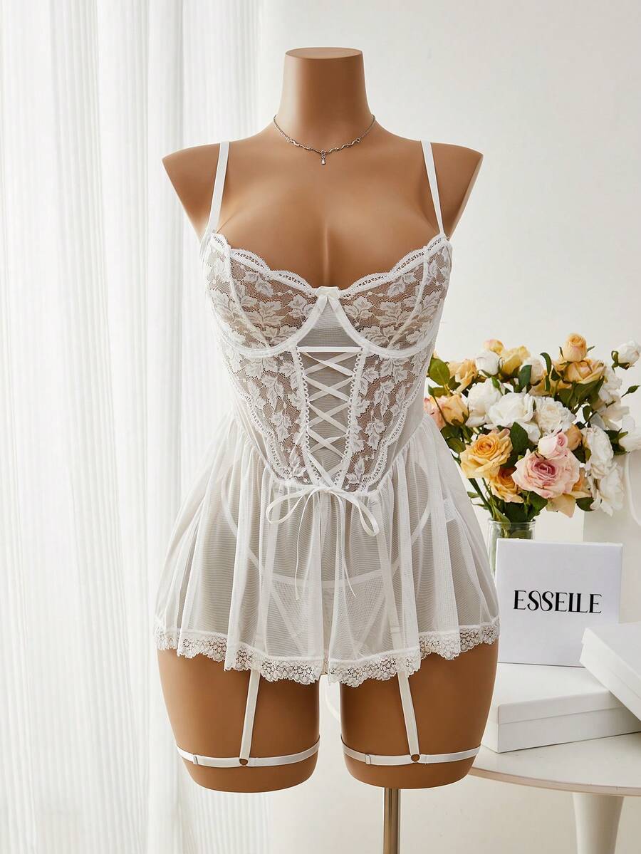 Esselle 3 chiếc Ren Up Front Lace Panel Nội y Garter Đồ lót Dress - trắng - Xem 1