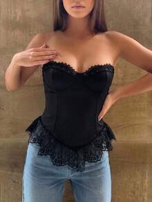 Firerie 女士优雅性感迷人浪漫约会蕾丝抹胸露脐上衣，黑色蕾丝拼接抹胸衬衫，适合音乐节、派对、聚会、舞会、约会等场合。 - 黑色 - 查看 2