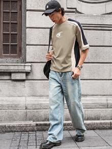 SWAVVY Casual Colorblock Star & Letter Print Short Sleeve T-Shirt For Men - Brown - View 4