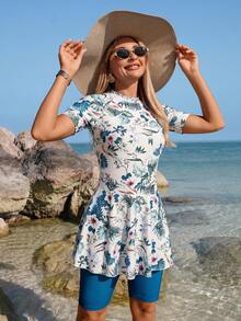 Swim Mulvari 2pcs Women's Blue & White Floral Chinoiserie Print Mini Skirt & Camisole Bikini Set, Elegant Casual For Spring/Summer Beach Party Holiday - Dark Green - View 2