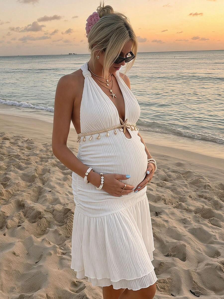 SHEIN Vestido de maternidad casual de vacaciones con decoración de concha y espalda descubierta - Blanco - Ver 1