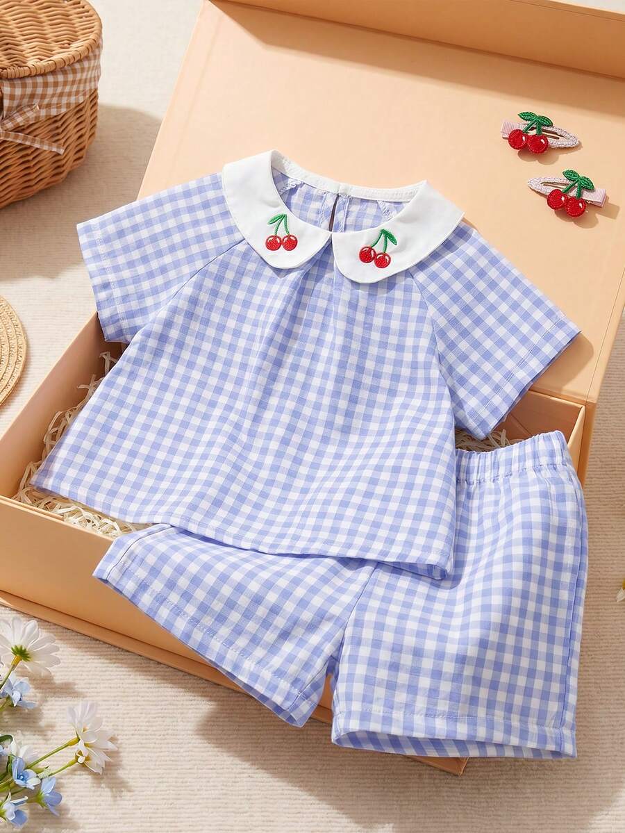 Souflis Souflis 2pcs Baby Girl Infant Toddler Newborn Spring/Summer Elegant Princess White & Blue Peter Pan Collar Ruffle Blouse + Shorts Set