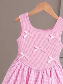 Elladie kids Đầm hồng không tay cho bé gái, phần thân trên dệt kim có điểm nhấn nơ, chân váy phồng kẻ caro, kiểu dáng ngọt ngào, thích hợp cho mùa xuân đến đầu mùa thu. - Hồng - Xem 4