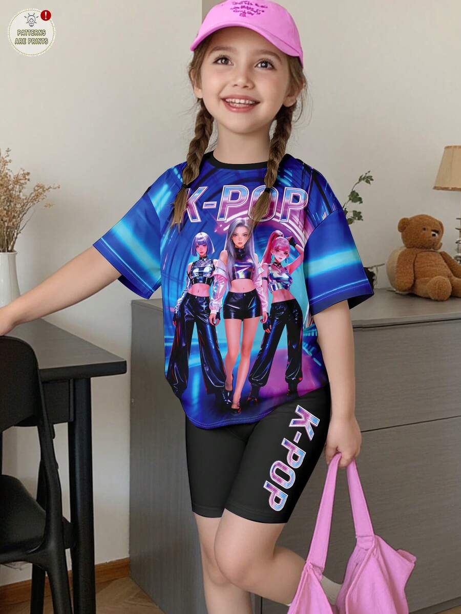 Set 2pcs/Set Atasan dan Celana Pendek Lengan Pendek Leher Bulat Kasual Motif Karakter Kartun untuk Anak Perempuan, Cocok untuk Musim Panas - MultiWarna - View 1