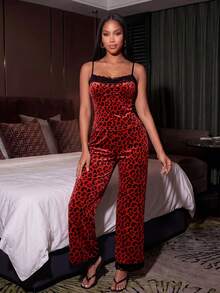 SHEIN Sweet Ins 撞色豹纹蕾丝拼接女士睡衣套装 - 黑紅色 - 查看 6