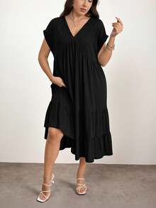 Enliva Vestido negro holgado de cuello en V para tallas grandes, para silueta de manzana y redondeada - Negro - Ver 5