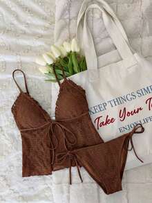 SHEIN MOD Women's Solid Color Swimwear Set For Vacation & Beach - Brown - View 2