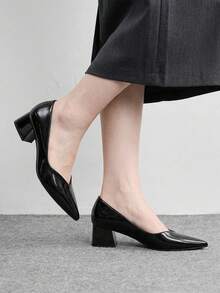 CUCCOO BIZCHIC 女士黑色漆皮尖头经典办公通勤商务粗跟高跟鞋 - 靜夜黑色 - 查看 3