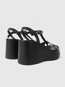 ROMWE Grunge Punk Giày nữ đế xuồng, sandal đế cao, phong cách punk với họa tiết đinh tán chéo, sandal hở mũi, thích hợp cho hộp đêm, đi làm, du lịch, giày đế xuồng nữ mùa hè. - màu đen - Xem 4