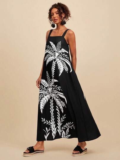 Travachic Women's Palm Tree Print Dress, Loose Fit Sleeveless Long Dress For Vacation, Spring/Summer