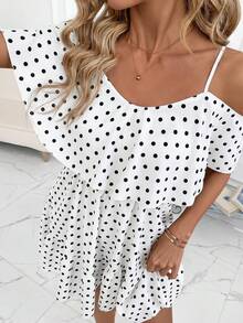 SHEIN Clasi 女士优雅棕色波点印花露肩荷叶边V领A字短裙 - 白色 - 查看 5