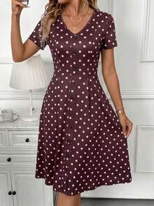SHEIN Clasi Đầm ngắn tay cổ chữ V in họa tiết chấm bi dành cho nữ - Màu Tím - Xem 5
