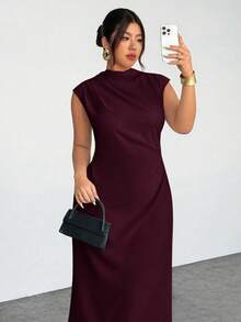 Firerie Plus Size Women's Elegant Ruched Cap Sleeve Split Hem Dress, Suitable For Dates Wedding And Formal Events Burgundy Summer - Red Violet - View 8