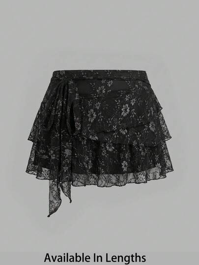 SHEIN PETITE CURVE Plus Size Women's Multi-Layer Ruffle Trim Low Rise Y2K Mini Black Skirt