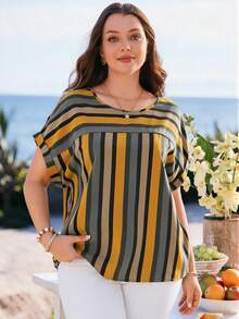 Rosumi Damen Große Größen Sommer Lässig Urlaub gestreifter Patchwork Rundhals Kurzarm Bluse - Verschiedenfarbig - Übersicht 3