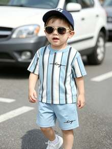 2pcs/Set Young Boy's Casual Striped Print Short Sleeve T-Shirt And Striped Print Shorts, Fashionable And Comfortable, Suitable For Spring/Summer, Photography, Daily Wear, Outings, Street Style, Holidays, Gifts - Multicolor - View 6