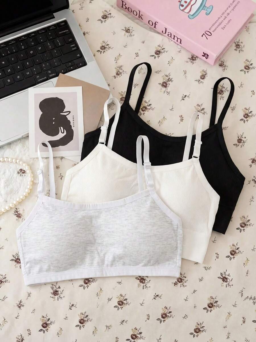 SHEIN 3pcs/Set Teen Girls Minimalist Fashion White, Skin Color, Black Camisole Bra Set Summer Summer - Multicolor - View 1