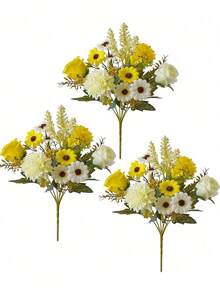 1/3 piezas Ramo de flores realistas de rosa de seda, margarita y diente de león para decoración de boda, hogar, fiesta, centro de mesa, decoración del hogar, regalo de flores artificiales - Amarillo - Ver 9