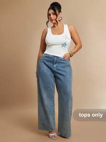 SHEIN BAE Plus Size Women's Summer White Silky Vacation Holiday Cami Top,Crystal Starfish Decor Square Neck Fitted Camisole, Y2K Mesh Metallic Tank Tops - White - View 3