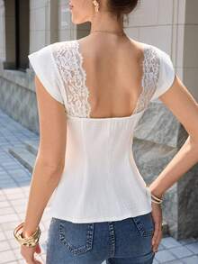 Modelyn White Floral Square Collar Lace Patchwork Textured Open Back Slim Fit Elegant Romantic Sexy Blouse For Women Garden Party Tea Party Wedding Summer - White - View 11