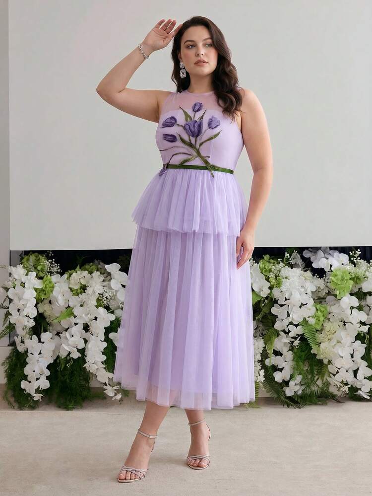 PLUS SIZE WOMEN'S ROMANTIC FLORAL EMBROIDERED MESH A-LINE LAYERED MIDI DRESS