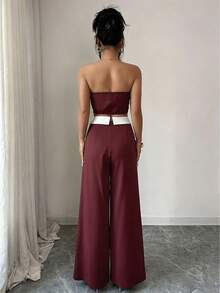 Elenzga Women's Burgundy 2-Piece Set,Elegant Off Shoulder Metal Buckle Top And Wide Leg Pants,Summer Party Evening Holiday,New Year Christmas Valentine Wear - Red - View 2