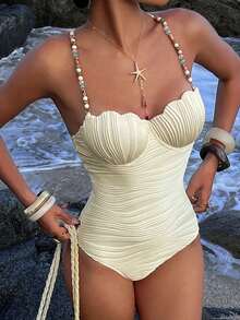 Travachic Plus Size Beaded Decor Camisole Backless One-Piece Swimsuit, Summer Beach Vacation Floral White Asean Bohemian Greek Goddess - Apricot - View 7