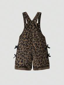 Kleine Mädchen Spielerischer & süßer Stil Kleinkind Latzhose, saisonal, kaffeebraun, schwarze Schleife Dekoration an den Seiten, braune Basis schwarzer Leoparden Muster Design, locker gerade Bein Latzhose, Cord Stoff, weich & bequem, geeignet für Schule, Pendeln, täglichen Outdoor-Einsatz - Kaffeebraun - Übersicht 2