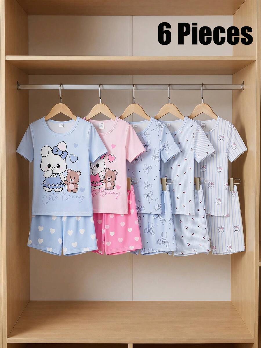 SHEIN 6件套女童可爱优雅休闲舒适柔软弹力针织面料蓝色卡通兔子蝴蝶结条纹樱桃印花圆领短袖上衣和短裤睡衣套装 - 彩色 - 查看 1