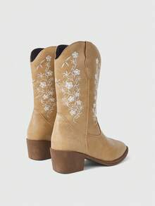 ROMWE Fairycore Botas Ocidentais Marrons, Botas Altas Bordadas de Slip-On, Botas de Motociclista de Couro Até o Joelho, Botas Até o Joelho de Salto Grosso para Mulheres - Marrom amarelo + flores - Visão 4