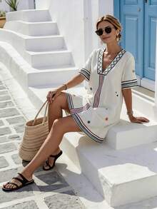 SHEIN Holidaya Đầm ngắn nữ cổ chữ V sâu, họa tiết sọc tương phản, thích hợp cho kỳ nghỉ. - Màu be - Xem 4