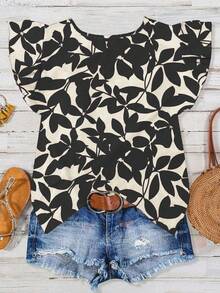 SHEIN Tall Women's Casual Vacation Orange Base Leaf Floral Print Round Neck Cap Sleeve Cap Sleeve Blouse, Spring/Summer - Black - View 2