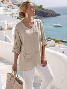 Faunlyn Camisa de mujer con cuello en V y estampado floral, de uso casual y versátil para el día a día - Caqui - Ver 5