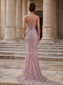 Glamrae Elegant Luxurious Sequin Embellished Strapless Mermaid Dress, Suitable For Weddings, Parties, Vacations, Galas, And Formal Events - Pink - View 4